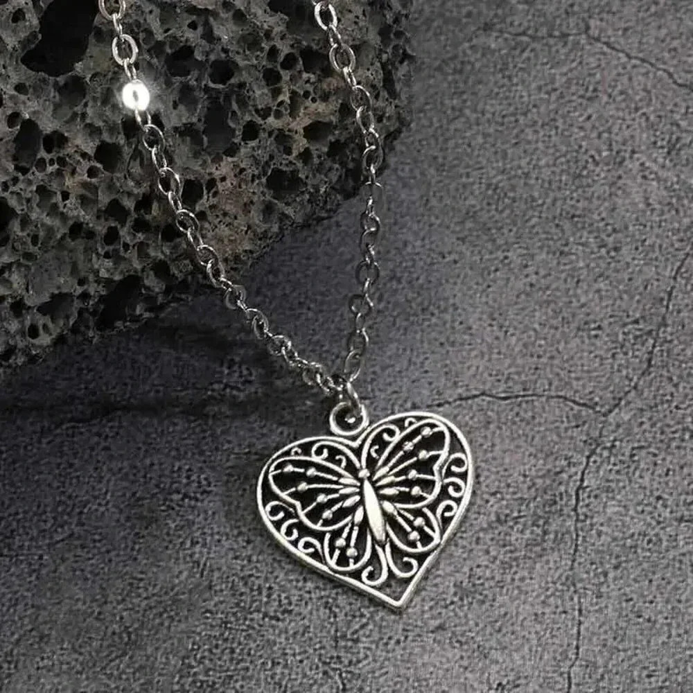 Silver Art Nouveau Filigree Heart with Butterfly Rolo Chain Pendant Necklace